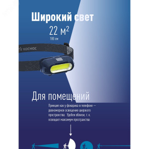 Фонарь аккумуляторный налобный 3Вт COB LED съемный Li-ion 18650 800мА.ч корпус ABS-пластик USB-шнур type C регулируемый эласт. ремешок KOC514Lit