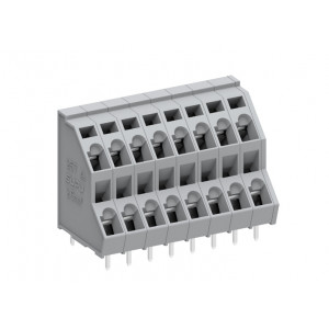 Клемма на плату 257208, Клемма, 2 этажа, подвод кабеля 45 град., на плату, шаг: 5.0 мм, 16 полюсов, фиксация провода пружинная, исполнение: стандартное, 320V, 21A, цвет: серый