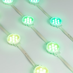 Модуль управляемый SPI-F7-D50 24V RGB-RAM-Auto (1.25W, IP68, 120 deg) 036826, Управляемый светодиодный модуль SPI, RGB, микросхема MT26803, напряжение 24 В, мощность 1.25 Вт, 7 светодиодов SMD 3535, угол 120°. Создание медиафасадов, 30 шт на проводе, расстояние между центрами модулей 170 мм, длина провода между модулями 110 мм. Сте