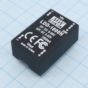 LDD-1000H, DC/DC LED понижающий, вход 9…56В, выход 2…52В/1А, КПД до 97%, вход On/Off/DIMM, 31.8x20.3x12.2мм, DIP, -40…71°C, пластик
