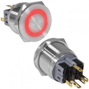 GQ25PF-11ZE/R/N ON-OFF+OFF-ON, Антивандальная кнопка металлическая с фиксацией и с кольцевой подсветкой, посадочная резьба М25, контакты под пайку