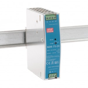 NDR-75-24, Преобразователь AC-DC на DIN-рейку  77Вт, вход 90…264V AC, 47…63Гц /127…370В DC, выход 24В/3.2A, рег. вых 24…28В, изоляция 3000В AC, в кожухе  32х125.2х102мм, -20…+60°С