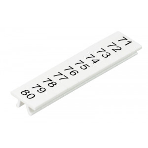 Маркировка для клемм (полоска) M1.008.0104.2, Маркировочные шильдики, для клемм сечением 1,5 мм.кв., WKF 1.5, верхняя, 10 шильдиков, нанесенные символы: 71...80, с горизонтальным расположением, размер шильдика: 4 x 10,5 мм, цвет: белый