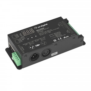 Декодер SMART-K35-DMX-SUF (12-36V, 3x10A, XLR3) 028408, Декодер DMX512 для трансляции DMX512 сигнала ШИМ(PWM) устройствам. Питание 12-36VDC. 3 канала, ток нагрузки 3x10A, мощность нагрузки 330-1080W. Входной сигнал DMX512, выходной сигнал ШИМ(PWM). XLR3 разъем подключения. Размер 165x70x38 мм.