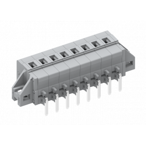 Розеточный разъем на плату 450433/010, Клемма, горизонтальный, подвод кабеля, на плату, шаг: 5.0 мм, 3 полюса, фиксация провода пружинная, исполнение: с монтажными фланцами, 320V, 12A, цвет: серый