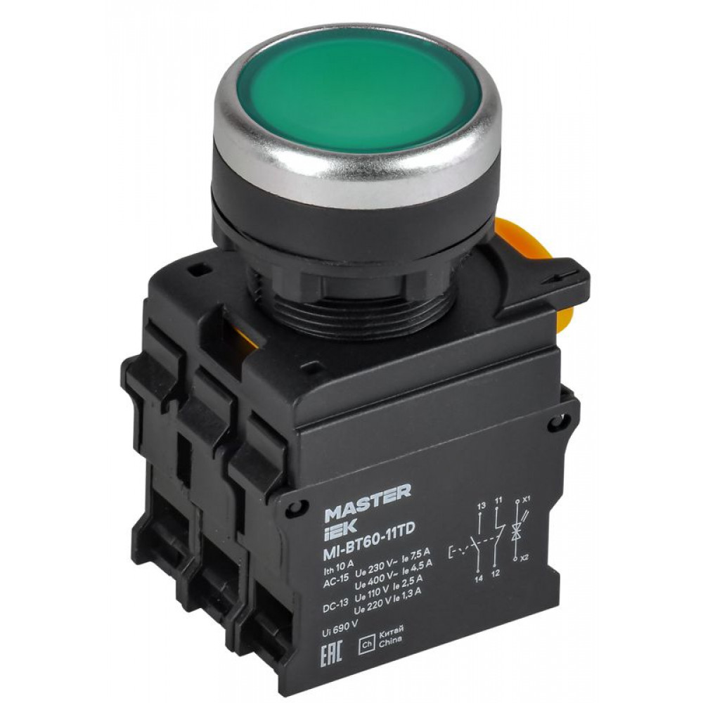 Изображение товара Кнопка с подсветкой и фиксатором диаметр 22 мм зеленая MASTER IEK