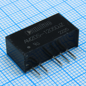 AM2DS-1205DJZ, DC/DC, 2Вт, вход 10.8…13.2В, выход ±5В/±0.02…0.2А, изоляция 1500В DC, КПД 80%, максимальная емкостная нагрузка не более ±1200мкФ, SIP7, 19.65x7.05x10.16мм, -40…105°C, пластик