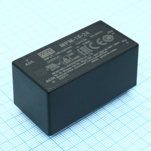MPM-15-24, AC-DC med, 15.1Вт, вход 80...264В AC 47...440 Гц, выход 24В/0.63А, изоляция 4000В AC, на плату, 52.4х27.2х24мм, -40...+85°C