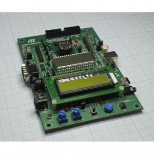 STM8L1526-EV/WS, Оценочная плата для STM8L15xx - семейства (вместо контроллера установлен разъём под LQFP48-корпус контроллера). SWIM, ST-Link,USART, матричный LCD, семисегментнай LCD, SD, 4 LEDs и др.
