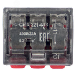 Клемма СМК 221-413 с рычагом 3 отверстия 0.2-4.0 мм2 блистер (20 шт.) PROxima plc-smk-221-413b-20