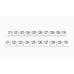Маркировка (в кассетах) ZB10-10P-19-285Z(H), Кассета с маркировочными шильдиками, для клемм сечением 10 мм.кв., верхняя, 10 шильдиков, нанесенные символы: 121...130, с вертикальным расположением, размер шильдика: 9,3 x 10,7 мм, цвет: белый