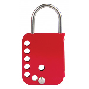 gws852439, Множитель замковый с 1 отверстием для контрольного замка, сталь, высота дужки – 35 мм, диаметр дужки – 5 мм, 105х55х10 мм, цвет – красный, 1 шт/упак