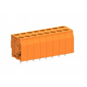 Клемма на плату 239157, Клемма, вертикальный подвод кабеля, на плату, шаг: 5.0 мм, 7 полюсов, фиксация провода пружинная, исполнение: стандартное, 320V, 24A, цвет: оранжевый