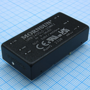 URB2405LD-20WR3, DC/DC, 20Вт, вход 9…36В, выход 5В/4А, изоляция 1500В DC, КПД 86…88%, максимальная емкостная нагрузка не более 10000мкФ, вход On/Off, 2x1", 50.8x25.4x11.8мм, -40…85°C, металл
