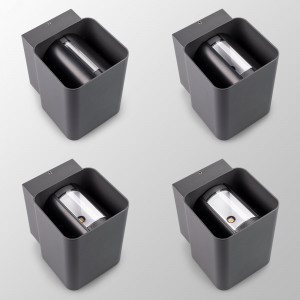 Светильник LGD-WALL-VARIO-S104x129-2x6W Day4000 (GR, 1-80 deg) 029794, Накладной настенный светильник, свечение вверх/вниз. Мощность 12 Вт, св. поток 820 лм, 68 лм/Вт, дневной 4000 K, CRI>80, изменяемый угол освещения 0°-80°, напряжение питания 230 В. Темно-серый фигурный корпус из алюминия, экран ударопрочный PC,