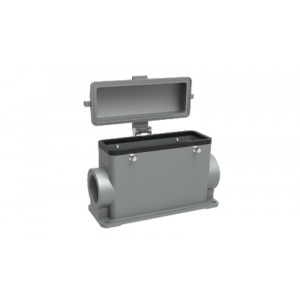 Закрытое основание разъема D24B-SFH-4g-MCV-PG29, Основание разъема на панель, закрытое, типоразмер 24B, высокое исполнение, с уплотнителем, 1 отверстие с резьбой для кабельных вводов PG29, без защелок (упоры для двух защелок), с защитной крышкой, материал корпуса: алюминиевый сплав