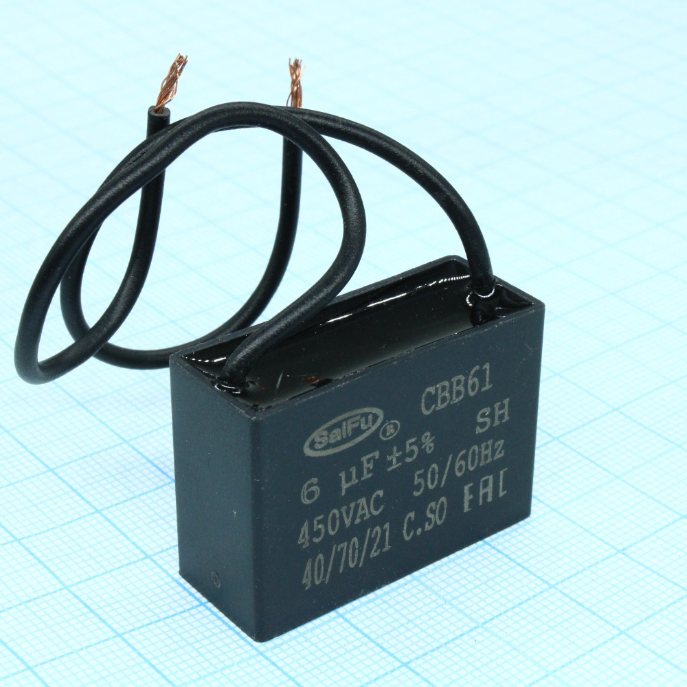 Изображение товара Конденсатор CBB61 6UF 450V металлизированный герметичный для электродвигателей