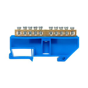 Шина нулевая N 6х9 10 отверстий синий изолятор на DIN-рейку латунь sn0-63-10-d-r