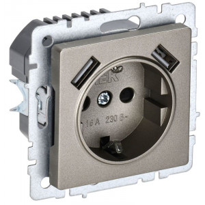 Розетка BRITE РЮш10-1-БрШ 16А с USB A+A 2.1А с заземл. защ. шторки шампань BR-R14-16-U21-D21-K37