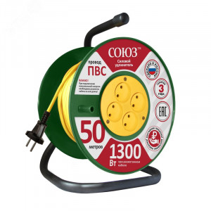 Удлинитель ТМ Союз силовой на катушке с 4 гнезда 1300 Вт 50м 481S-3105