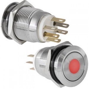 LAS1GQ-11D/R/N ON-(OFF)+OFF-(ON), Кнопка антивандальная металлическая без фиксации и точечной красной подсветкой, 5А 250В, резьба М19