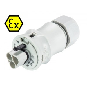 Разъем RST20I3FXS2 ZR1 V... взрывозащита, Взрывозащищенный вилочный разъем на кабель диам. 6-10 мм, IP68(69k), 3 полюса, пружинная фиксация провода, номинальные характеристики: 250/400V, 20A, цвет: белый, серия RST Ex