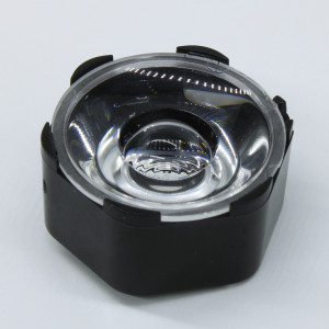 AYS29DH17-5G-HOLDER-P, Линза с черным гексагональным холдером с пинами для светодиода 3535/3030/5050, эфф=90%, ~5°, 29,1мм H:17мм, PMMA