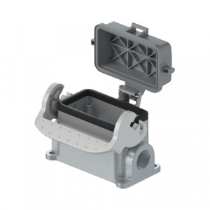 Закрытое основание разъема BAS GUT GT 6 M20 A1, Основание разъема на панель, закрытое, типоразмер 6B, с уплотнителем, 1 отверстие с резьбой для кабельных вводов M20x1,5, с правым расположением, с одной защелкой, с защитной крышкой, материал корпуса: алюминиевый сплав