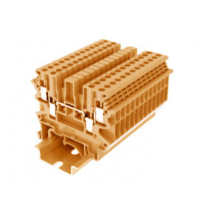 Проходная клемма 303944, Проходная клемма, 4 точки подключения, тип фиксации провода: винтовой, номинальное сечение: 2,5 мм кв., 24A, 500V, ширина: 5,2 мм, цвет: оранжевый, тип монтажа: DIN35