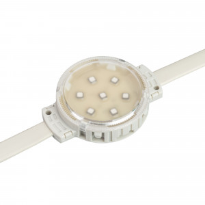 Модуль управляемый SPI-F7-D50 24V RGB-RAM-Auto (1.25W, IP68, 120 deg) 036826, Управляемый светодиодный модуль SPI, RGB, микросхема MT26803, напряжение 24 В, мощность 1.25 Вт, 7 светодиодов SMD 3535, угол 120°. Создание медиафасадов, 30 шт на проводе, расстояние между центрами модулей 170 мм, длина провода между модулями 110 мм. Сте