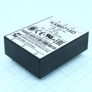 KAM0715D, AC-DC, 7Вт, выход +-15В/+-0.25A, вход 85…265V AC, 47…63Гц / 120...370V DC,  изоляция 3000V AC, в кожухе 58х45х19мм, -20…+50°С