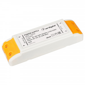 Блок питания ARV-12036 (12V, 3A, 36W) 022092(1), Источник напряжения с гальванической развязкой для светодиодных изделий. Входное напряжение 100-240 VAC. Выходные параметры: 12 В, 3 А, 36 Вт. Встроенный PFC >0,5. Негерметичный пластиковый корпус IP 20. Габаритные размеры длина 140 мм, ширина 45 мм, высо
