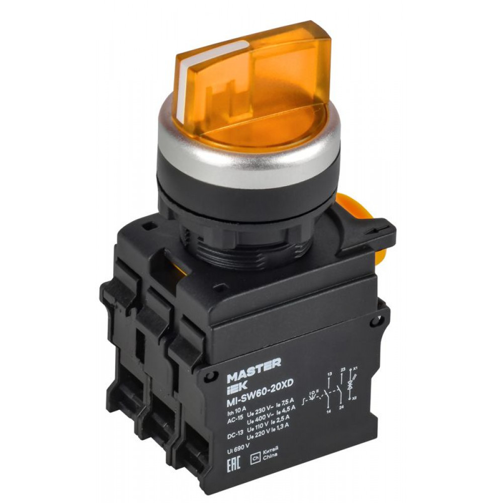 Изображение товара Переключатель с подсветкой 3 положения 2NO жёлтый MASTER IEK MI-SW60-20XD-4-14-3-K05