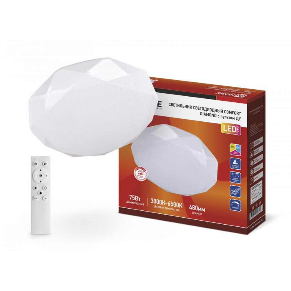 Изображение товара Светильник светодиодный COMFORT DIAMOND 75Вт 230В 3000-6500К 6000лм 480х80мм с пультом ДУ 4690612034799