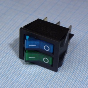 IRS-2101-1B3-G+BL/B, Переключатель 2х-клавишный с подсветкой 15A 250VAC прямоугольная кнопка зелёная + синяя