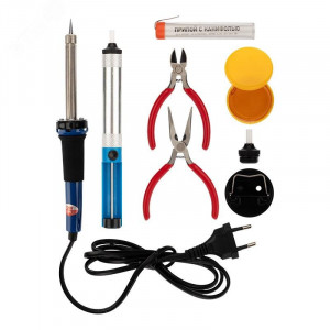 Набор для пайки REXANT -13, паяльник 30Вт, подставка, канифоль, припой, бокорезы, тонкогубцы