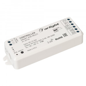 Контроллер SMART-K30-MULTI (12-24V, 5x3A, RGB-MIX, 2.4G) 027135, Многофункциональный 5-канальный контроллер для светодиодной RGB и MIX лент и модулей (ШИМ). Питание/рабочее напряжение 12-24VDC, максимальный ток 3A на канал, 5 каналов, максимальная мощность 180-360W. Винтовые клеммы. Корпус - PVC. Габариты 114x38x20 мм.