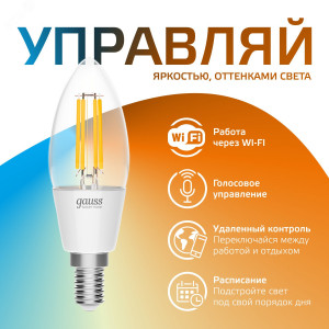 Лампа светодиодная умная филаментная LED 4.5 Вт 495 лм 2000-6500К E14 AC 220В IP20 изменение цветовой температуры и диммирование управление по Wi-Fi Smart Home 1250112