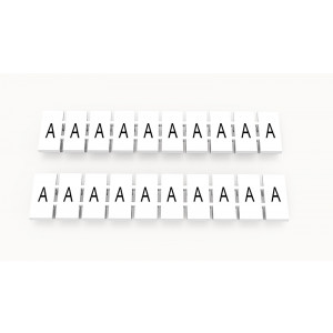 ZB6-10P-19-47Z(H), Маркировочные шильдики для клемм WS…, DC…, PC…, сечением 4 мм кв., центральная, 10 шильдиков нанесенные символы: A (повтор на всех шильдиках), с вертикальным расположением, размер шильдика: 5,55х10,7 мм, цвет белый