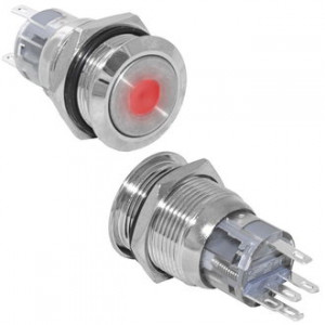 LAS1-AGQ-11D/R/N ON-(ON), Кнопка антивандальная металлическая без фиксации с точечной подсветкой красного цвета, 5А 250В, резьба М19