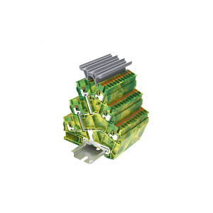 Заземляющая клемма TPTS2.5-2T-PE, Заземляющая этажная клемма, 3 этажа, угловая, с держателем маркировки, тип фиксации провода: Push-in, номинальное сечение: 2,5 мм кв., ширина: 5,2 мм, цвет: желто-зеленый, тип монтажа: DIN35