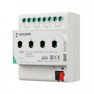 INTELLIGENT ARLIGHT Релейный модуль KNX-7043-82-DRO-DIN (BUS, 4x16А, KNX Secure) 041225, Релейный модуль 4-х канальный для KNX систем. Установка на DIN рейку.  Напряжение питания DC 21-30V от шины данных. Максимальный коммутируемый ток - 16А/канал. Для коммутации электрических нагрузок в сетях с номинальным напряжением до 230В.