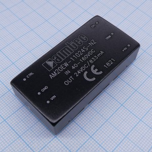 AM20EW-11024S-NZ, DC/DC, 20Вт, вход 40…160В, выход 24В/0.833А, изоляция 1500В DC, КПД 88%, максимальная емкостная нагрузка не более 470мкФ, вход On/Off, 2x1", 50.8x25.4x11.8мм, -40…85°C, металл