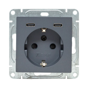 Механизм розетки с USB-C - 2шт, 16А, с заземлением, со шторками, графит Эпика EKF UP1-SOG-111-2USBC