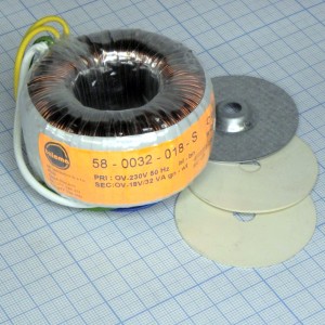 58-0032-018-S, Тороидальный трансформатор 32ВА 230В 18В 1,778A (70x36мм)
