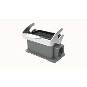 Закрытое основание разъема D10B-SF-1L-2M25, Основание разъема на панель, закрытое, типоразмер 10B, с уплотнителем, 2 отверстия с резьбой для кабельных вводов M25x1,5, с одной защелкой, без защитной крышки, материал корпуса: алюминиевый сплав