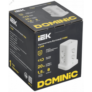 DOMINIC Удлинитель У08K 8 мест 2P+PE 1,5м 3х1,0мм2 16А/250В USB A+C 20Вт белый IEK DN-YP30-16-08-01-ZKU-K01
