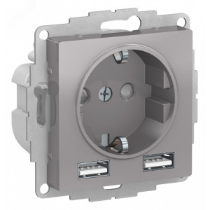 Розетка 1-м СП AtlasDesign 16А IP20 с 2-мя заряд. устройствами USB тип A+A 5В/2.4А 2х5В/1.2А механизм алюм. SE ATN000330