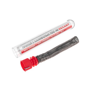 Припой с канифолью ПОС-40 10гр  1.0мм, Припой трубчатый с канифолью REXANT, 10 г, d1.0 мм, (олово 40%, свинец 60%), колба