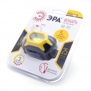 Фонарь налобный ЭРА GB-701 Практик, Фонарь налобный ЭРА Практик GB-701 5W(150lm) COB (3xR03) красн.реж. пластик сенсор 4 реж., бл